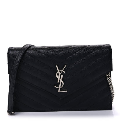 Saint Laurent Grain De Poudre Matelasse Chevron Monogram Envelope Chain Wallet Black 1 of 7