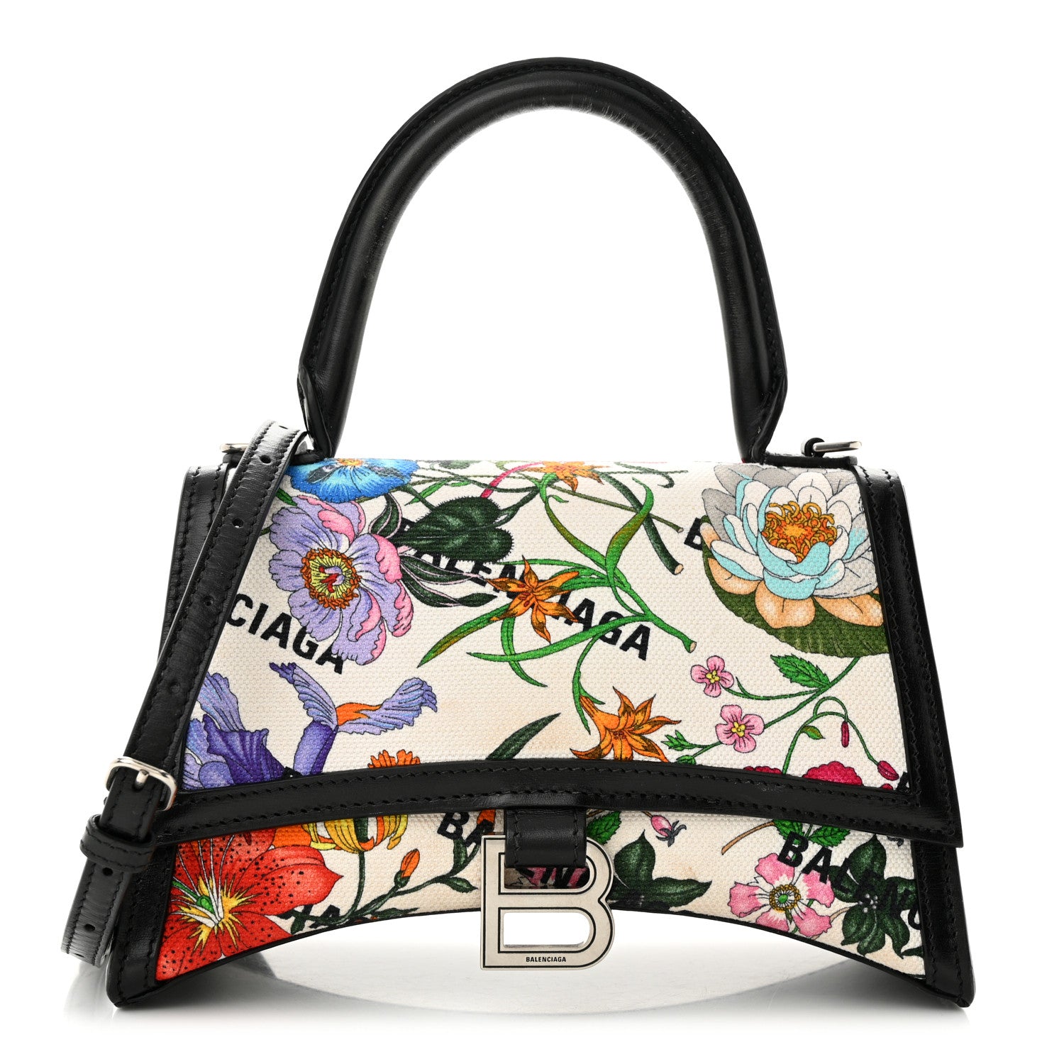 Balenciaga X GUCCI Canvas Boarded Plutone Calfskin Flora Logo Print Small Hourglass Top Handle Bag White Multicolor Black 1 of 14
