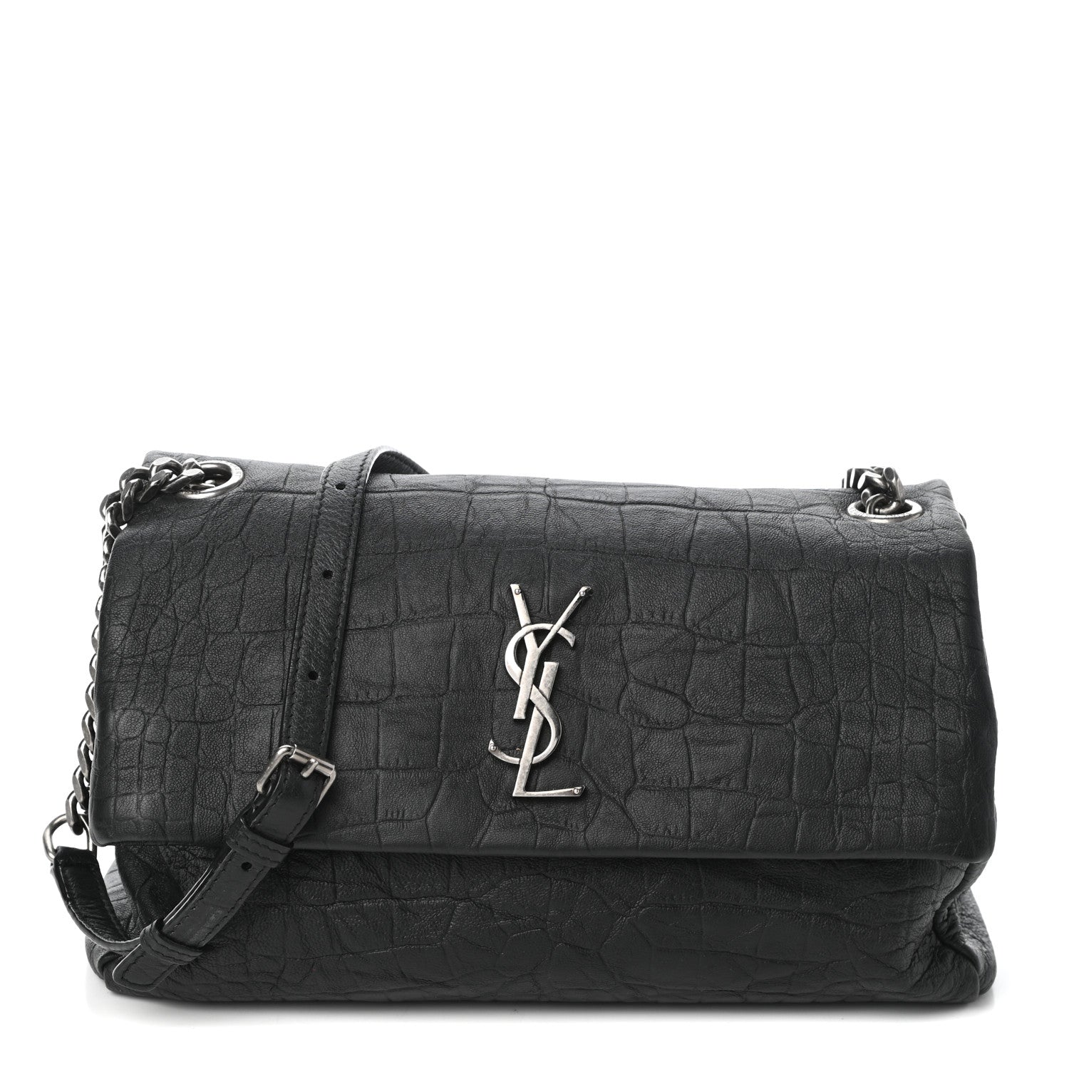 Saint Laurent Calfskin Crocodile Embossed Medium West Hollywood Monogram Fold-Over Black 1 of 9