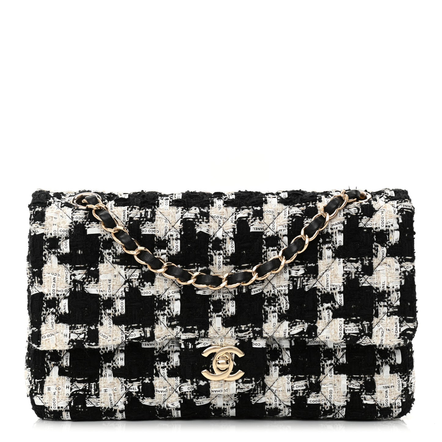 Tweed Quilted Medium Double Flap Black Ecru White