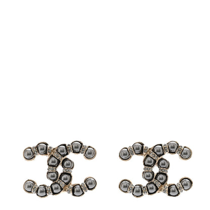 Chanel Pearl Crystal Nefertiti CC Earrings Silver Dark Grey 1 of 5