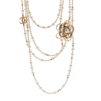 Chanel Pearl Crystal CC Camellia Multi Strand Necklace Gold White 1 of 6