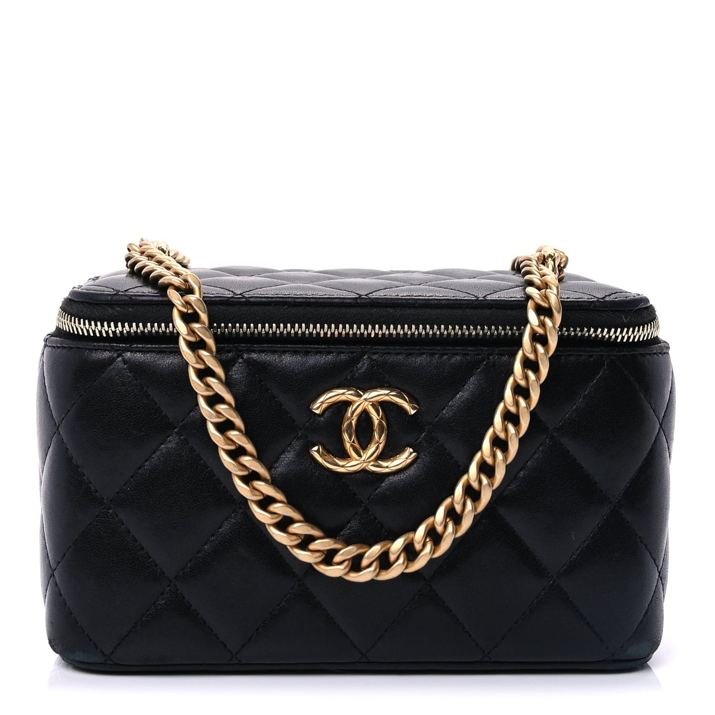 Lambskin Quilted Pearl Crush Small Vanity Case With Chain Black