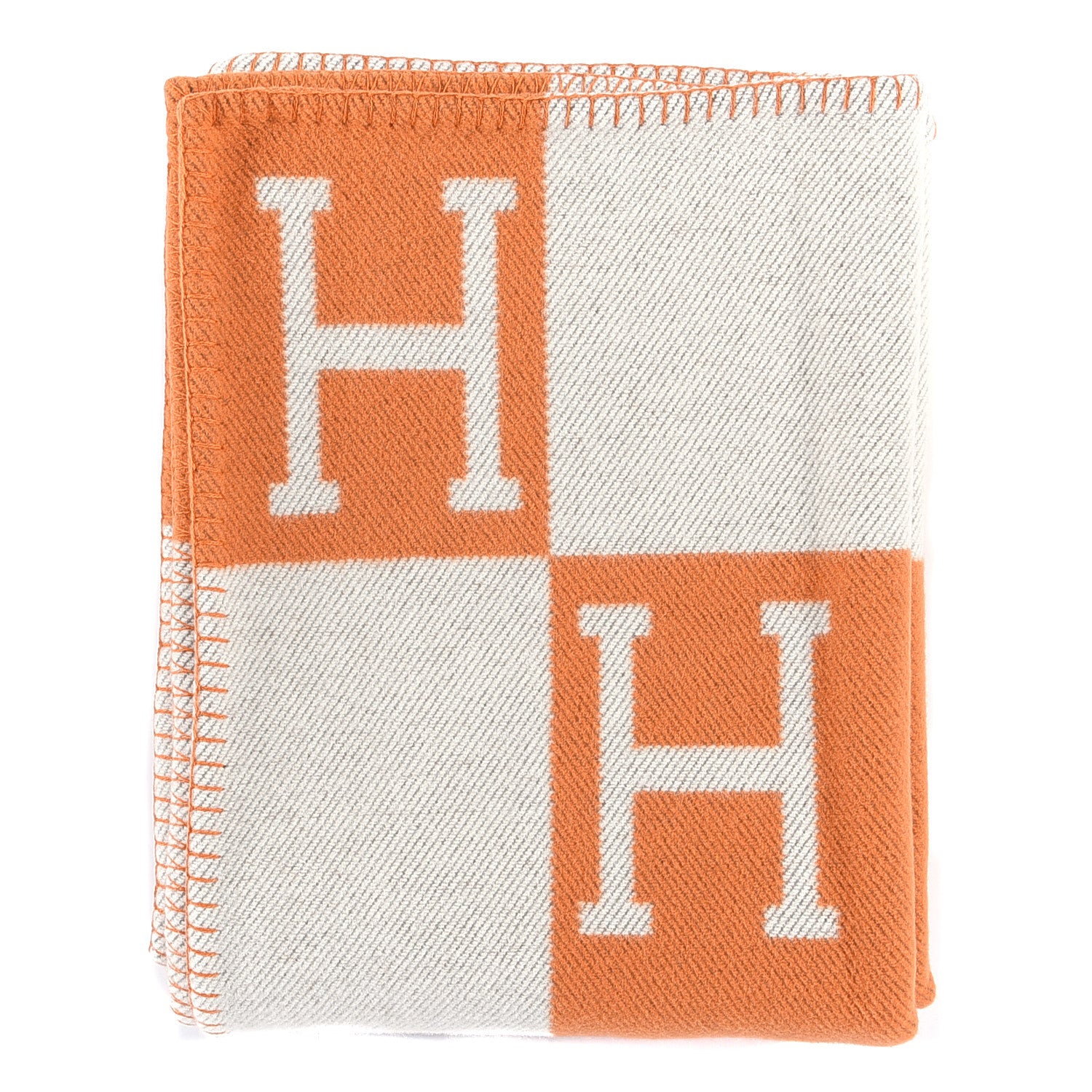 Hermes Wool Cashmere Signature Classic Avalon Blanket Ecru Potiron 1 of 3