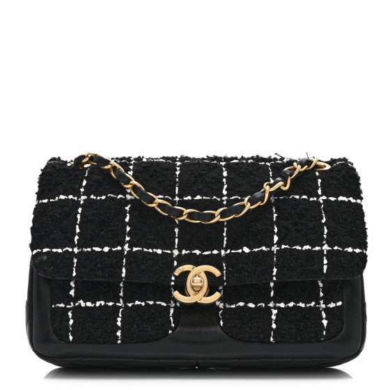Chanel Shiny Lambskin Tweed Quilted Small Daily Friend Flap Black White 1 of 1