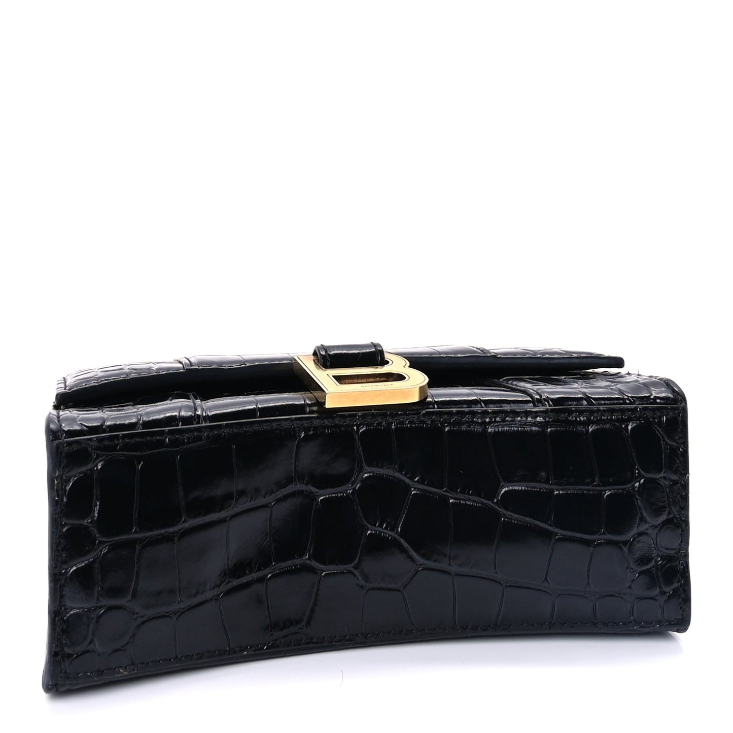 Shiny Calfskin Crocodile Embossed Hourglass Top Handle Bag XS  Black