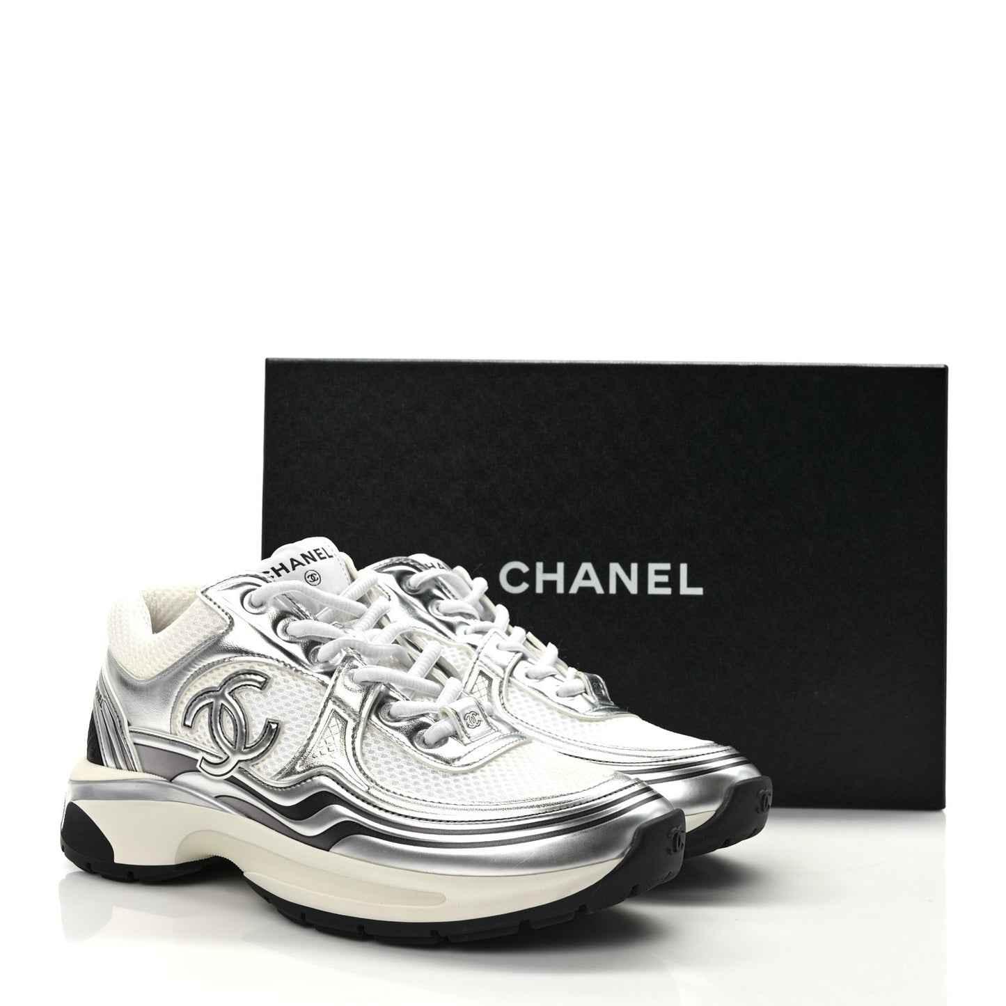 Fabric Laminated Calfskin Stretch CC Sneakers 36.5 White Silver