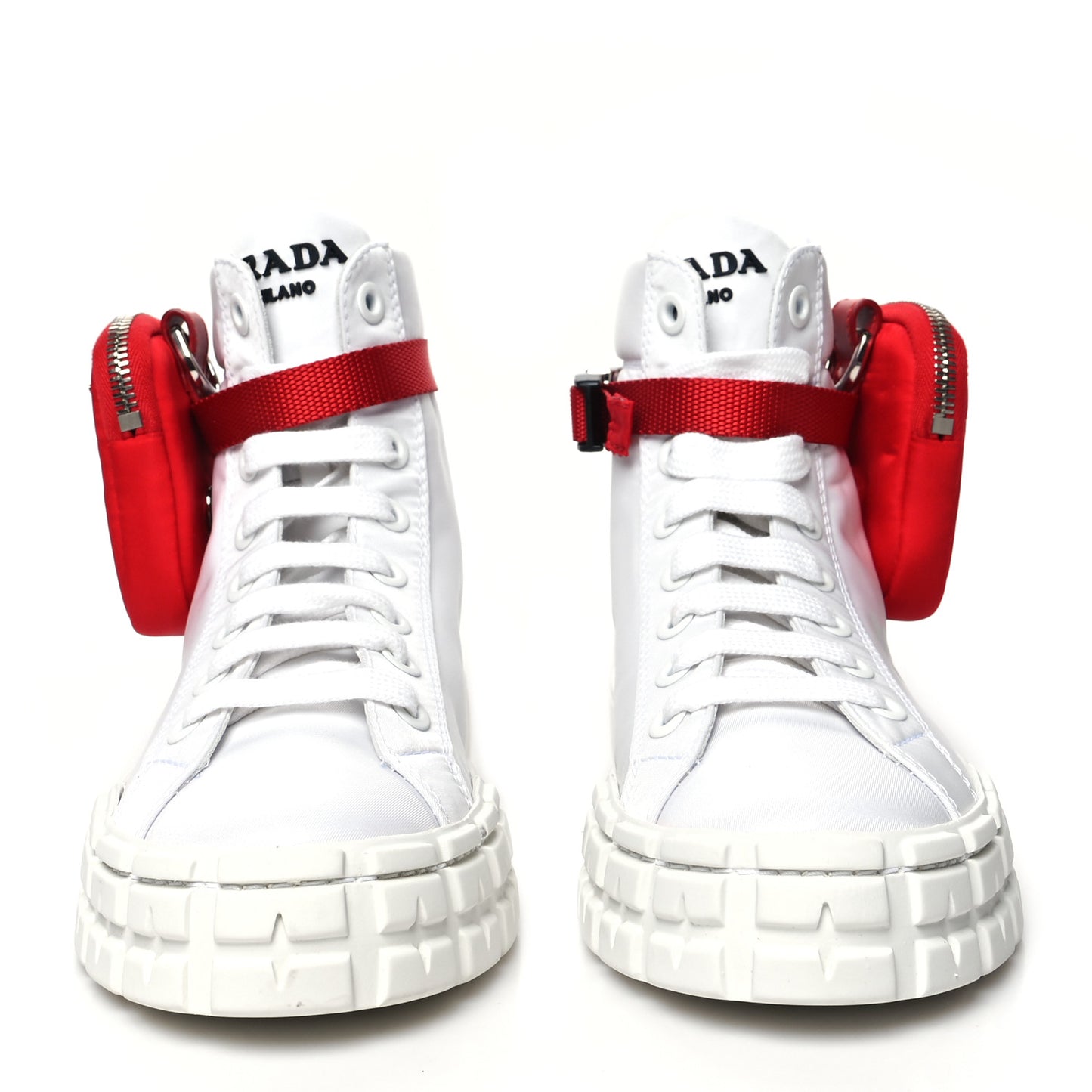 Re-Nylon Gabardine Metal Triangle Logo Wheel Pouch Pocket High Top Sneakers 37 White Red