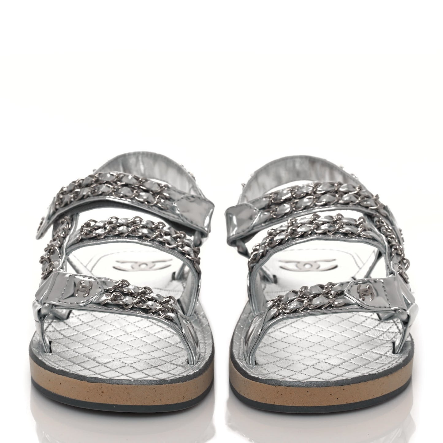 Metallic Laminated Goatskin Chain Flat Sandals 39 Silver