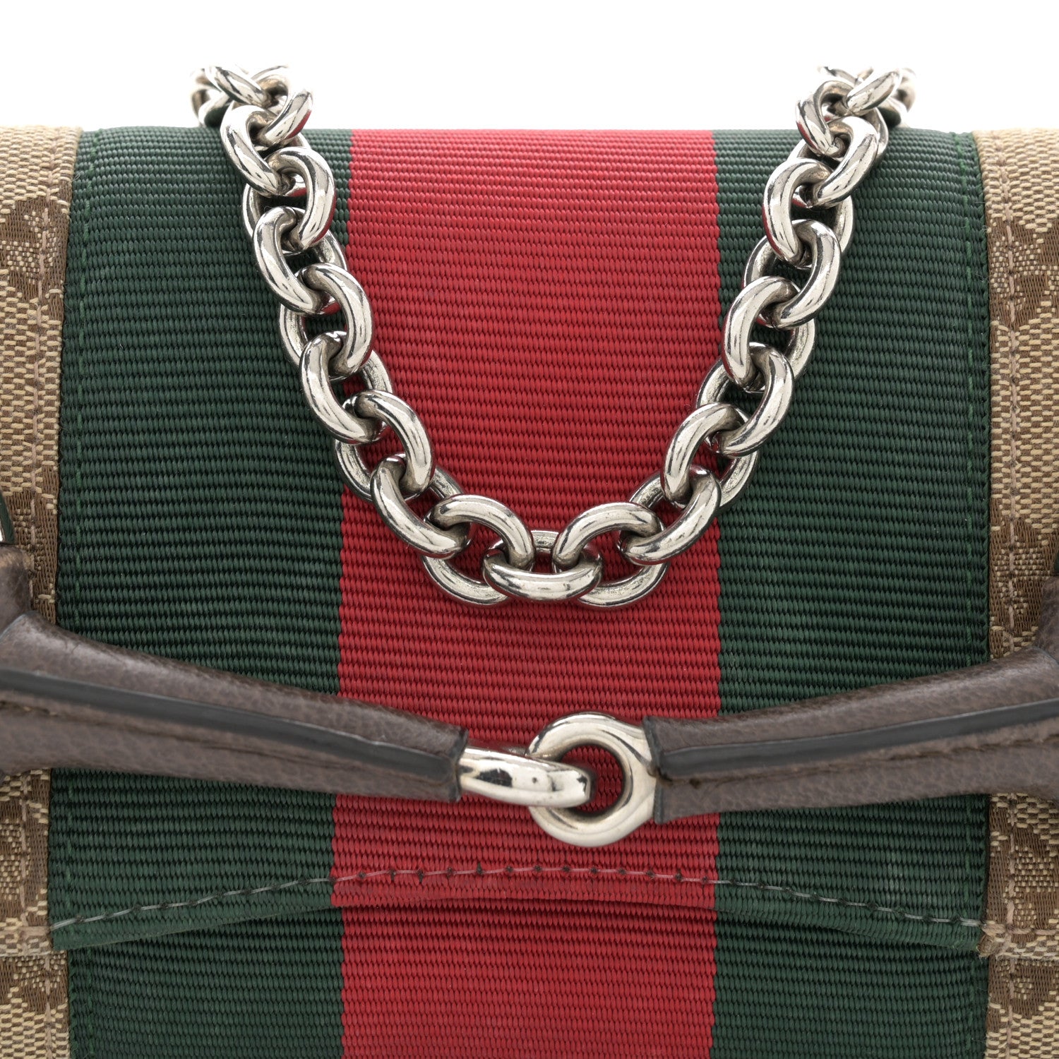 Gucci Monogram Textured Dollar Calfskin Heavy Grosgrain Web Small Maxi Horsebit Chain Shoulder Bag Beige Ebony New Acero 8 of 13