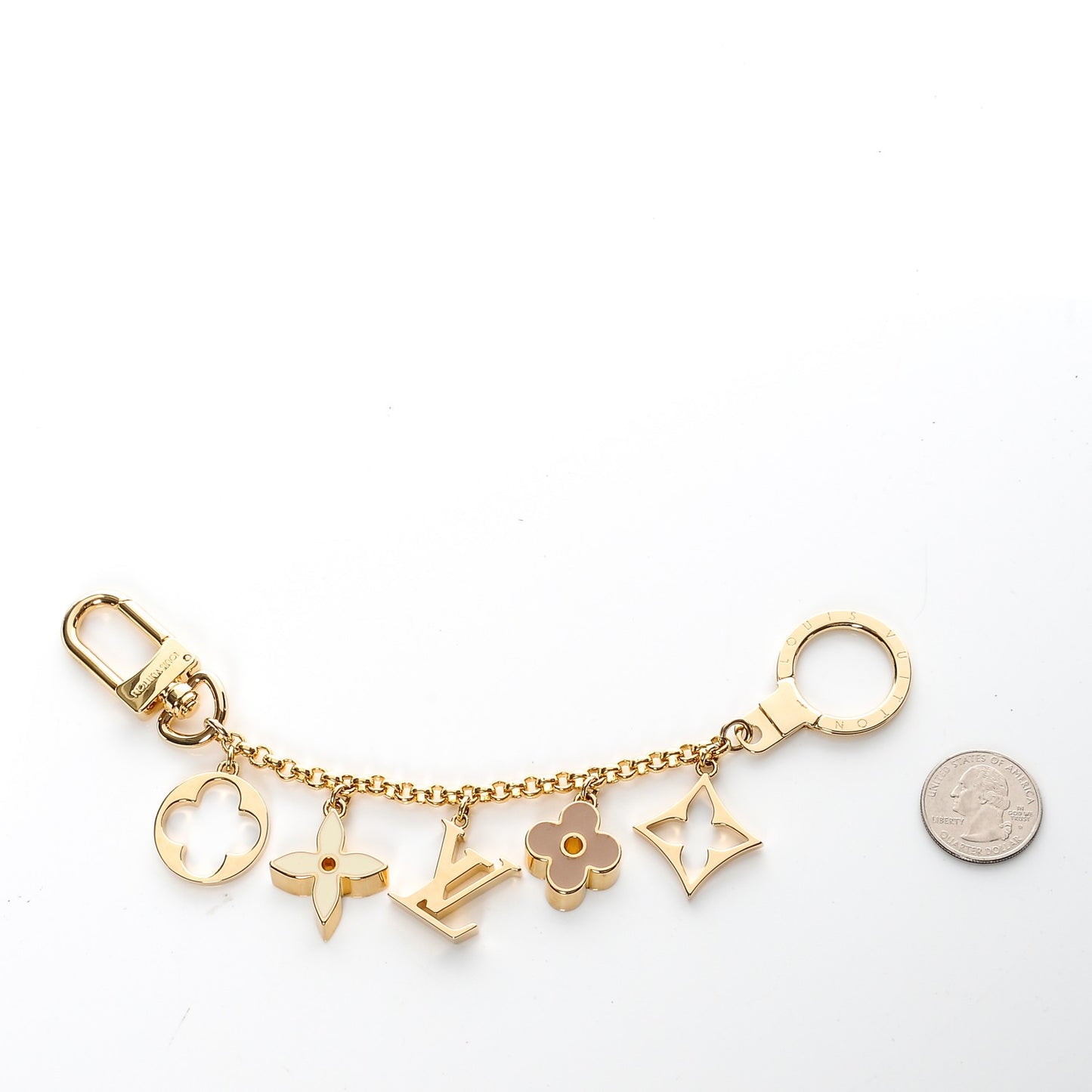 Brass Enamel Fleur De Monogram Bag Charm Chain Gold