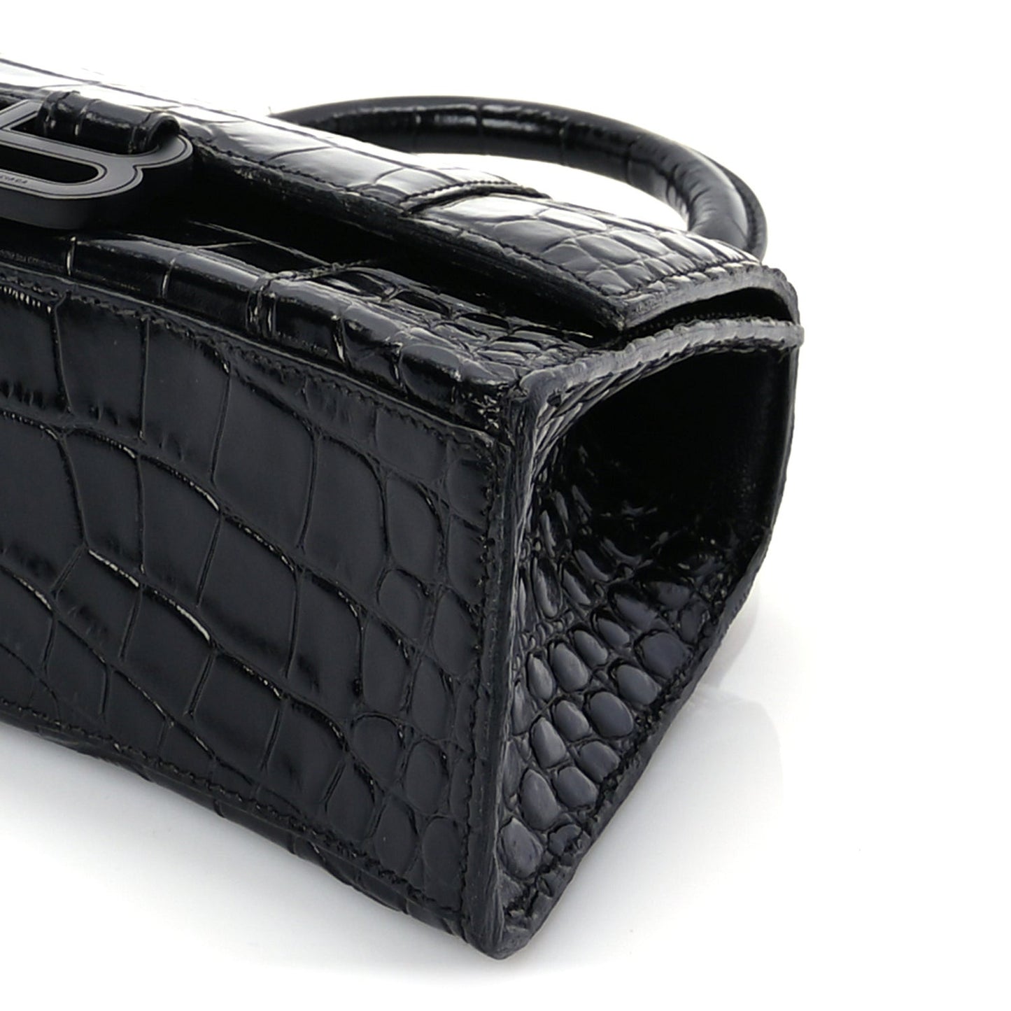 Shiny Calfskin Monochrome Crocodile Embossed Hourglass Top Handle Bag XS Black