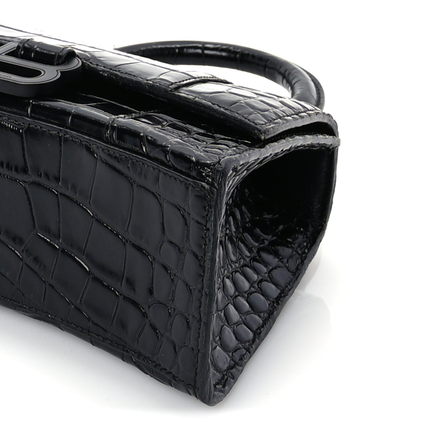 Balenciaga Shiny Calfskin Monochrome Crocodile Embossed Hourglass Top Handle Bag XS Black 8 of 8