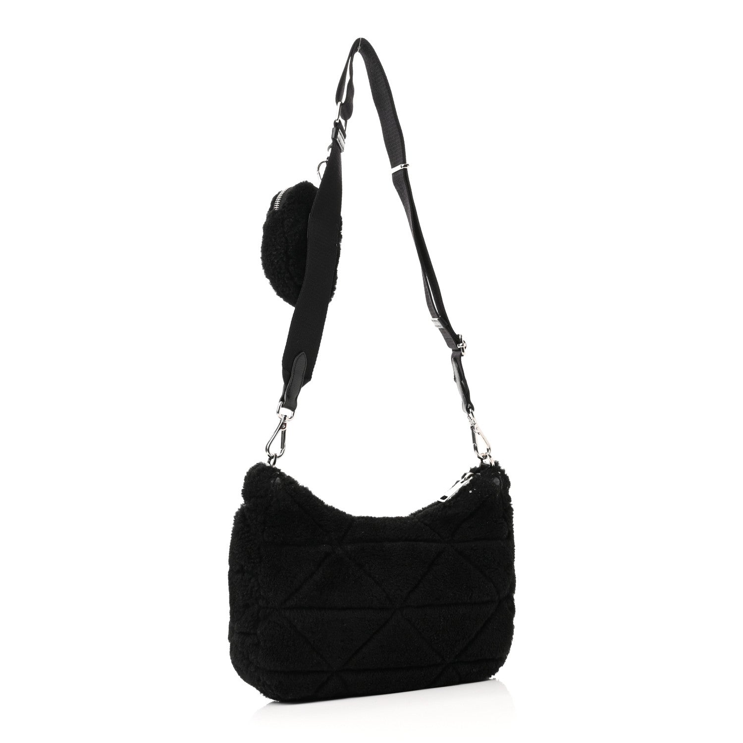 Prada Shearling Nappa Triangle Quilted Patchwork System Shoulder Bag Black 3 of 11