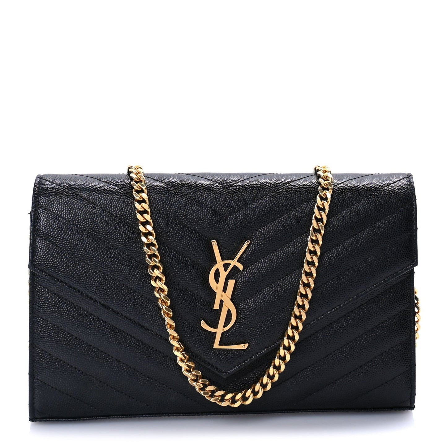 Grain De Poudre Matelasse Chevron Medium Monogram Chain Wallet  Black