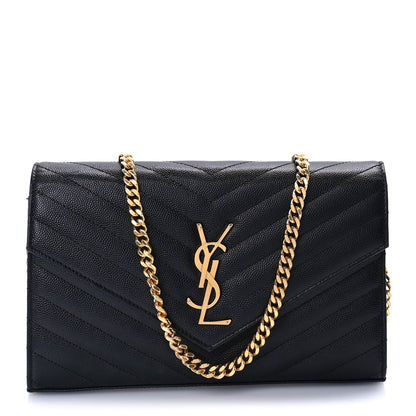 Saint Laurent Grain De Poudre Matelasse Chevron Medium Monogram Chain Wallet  Black 1 of 7