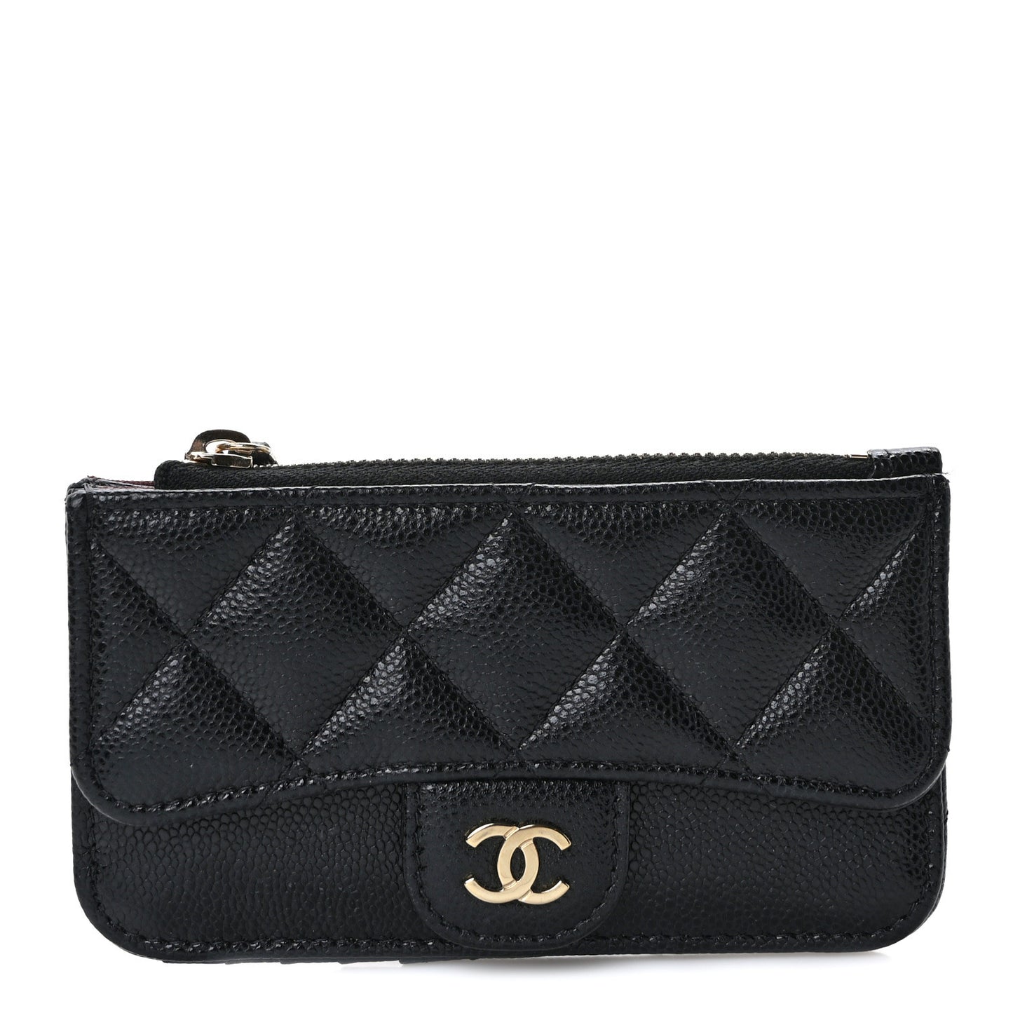 Caviar Quilted Flap Zip Card Holder Black