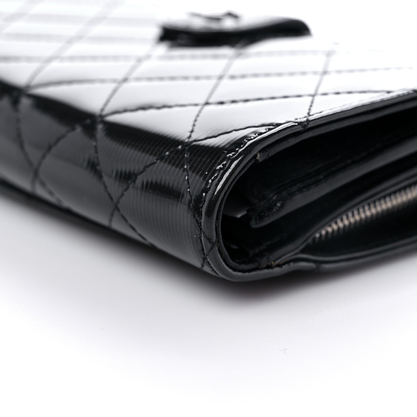 Striated Patent Quilted Zipped Pocket Long Wallet Black