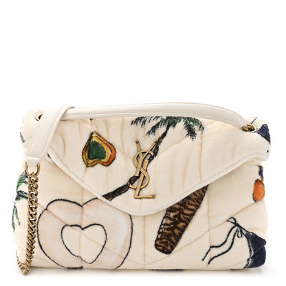 Saint Laurent Terrycloth Summer Print Quilted Small Loulou Puffer Monogram Chain Satchel Multicolor White 1 of 10