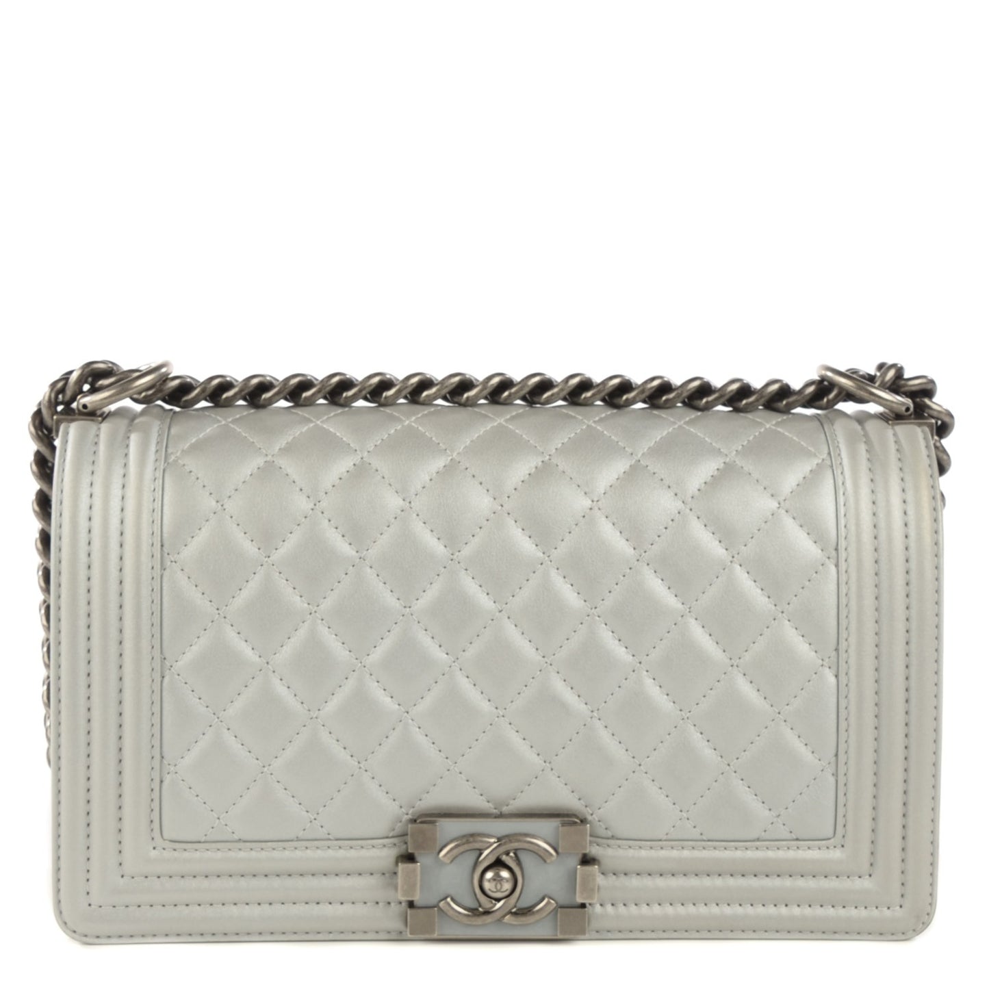 Metallic Calfskin Quilted Medium Boy Flap Silver