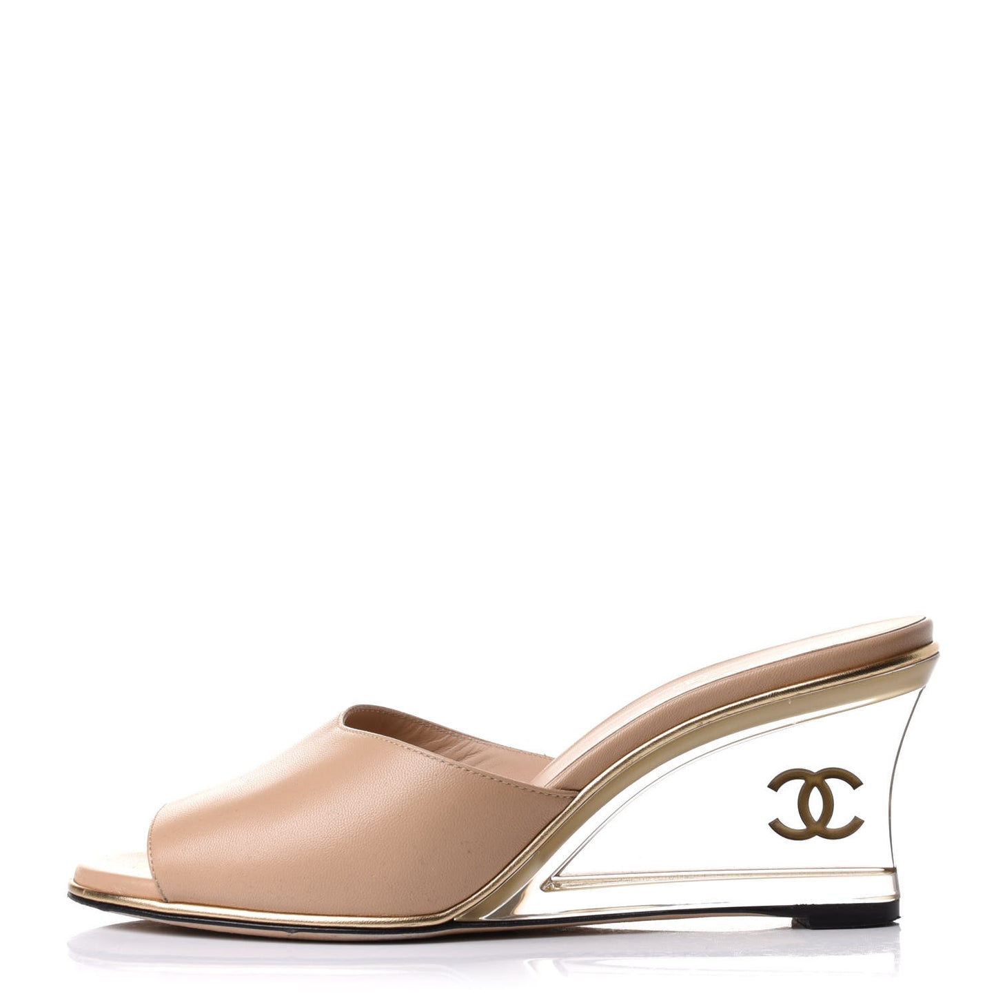 Lambskin Lucite CC Wedge Mules 37.5 Beige