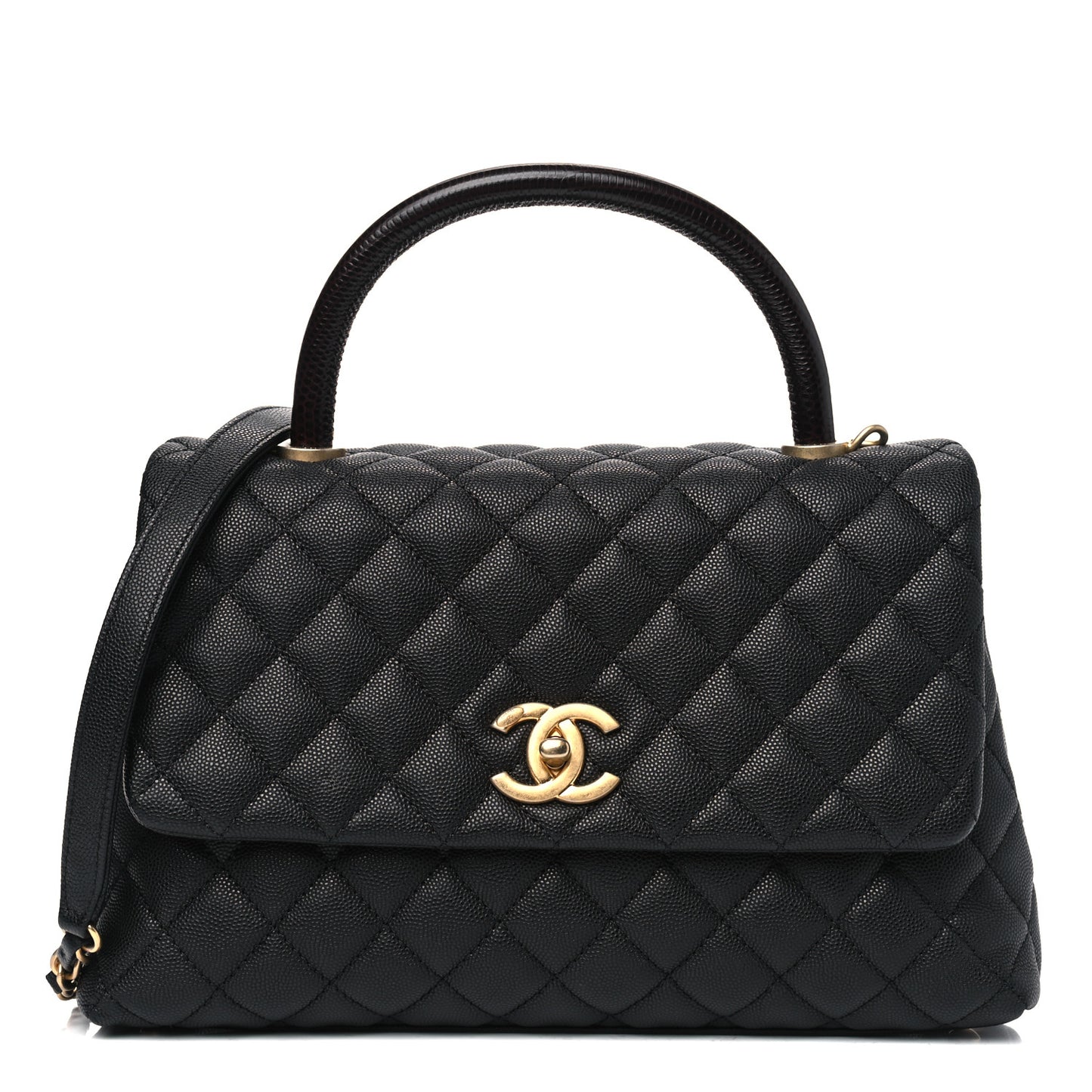 Caviar Lizard Embossed Quilted Small Coco Handle Flap Black