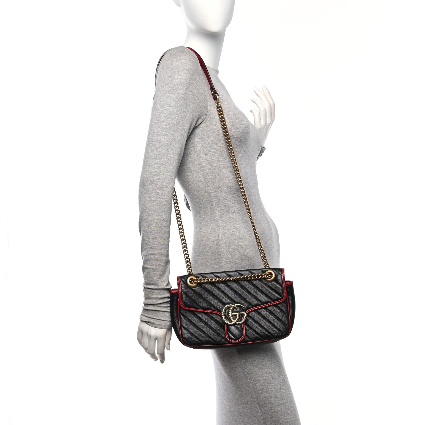 Vintage Effect Calfskin Matelasse Diagonal Small Torchon GG Marmont Shoulder Bag Black Romantic Cherry