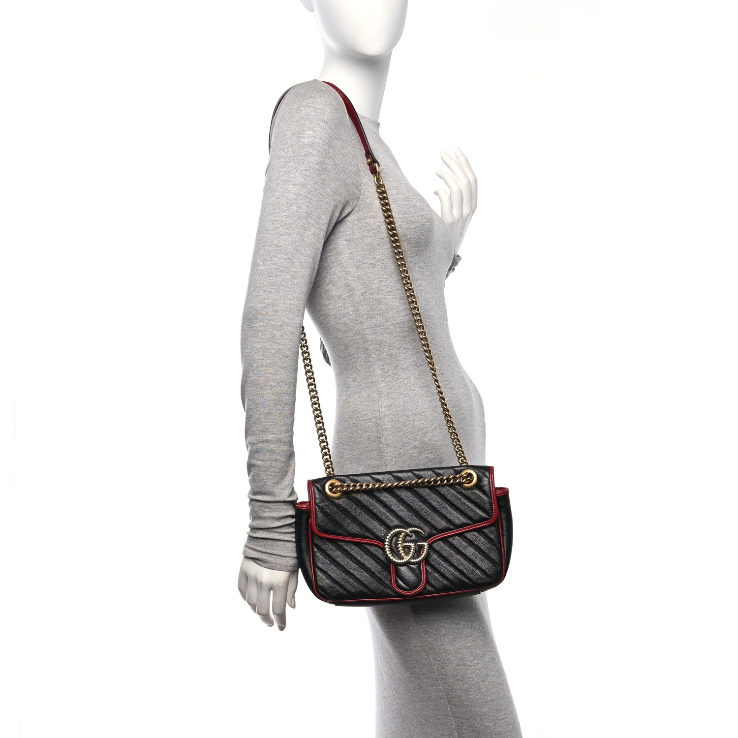 Gucci Vintage Effect Calfskin Matelasse Diagonal Small Torchon GG Marmont Shoulder Bag Black Romantic Cherry 2 of 11