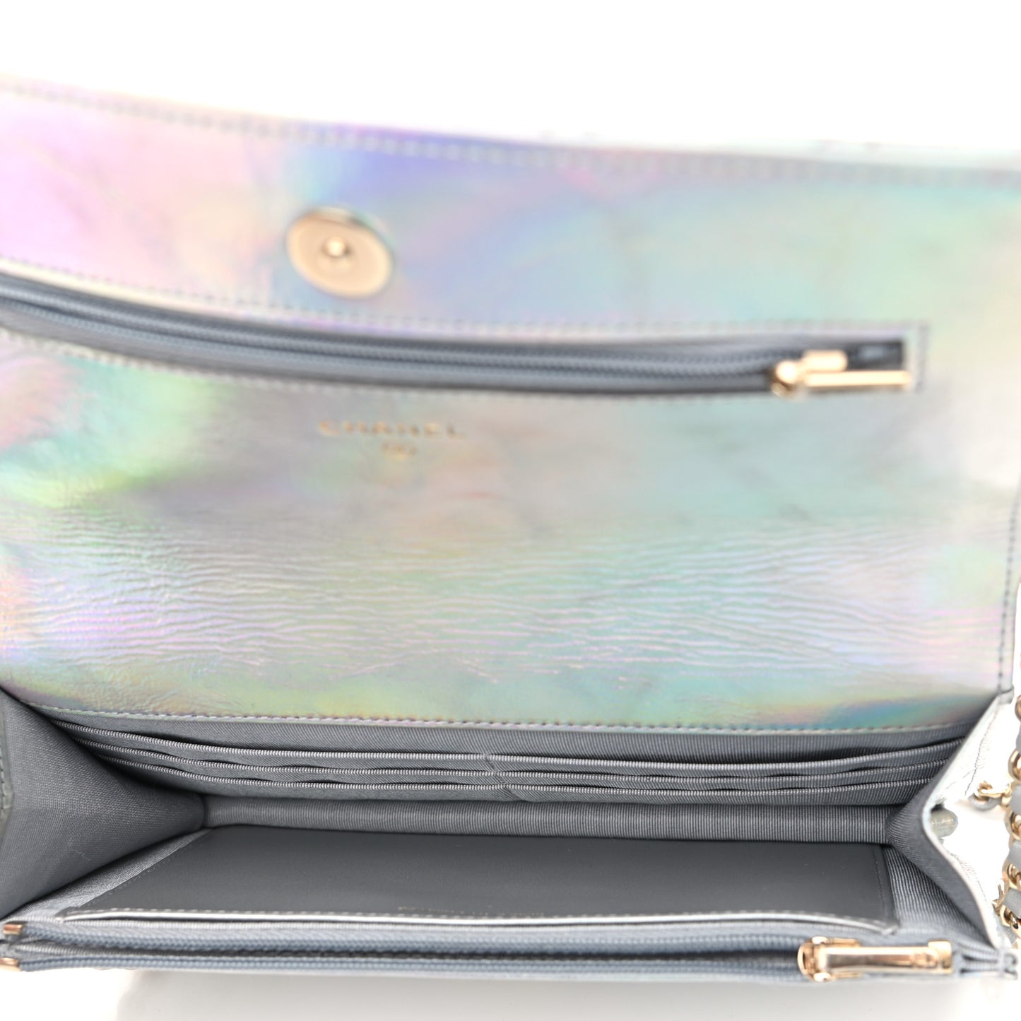 Iridescent Goatskin Quilted Wallet On Chain WOC Silver
