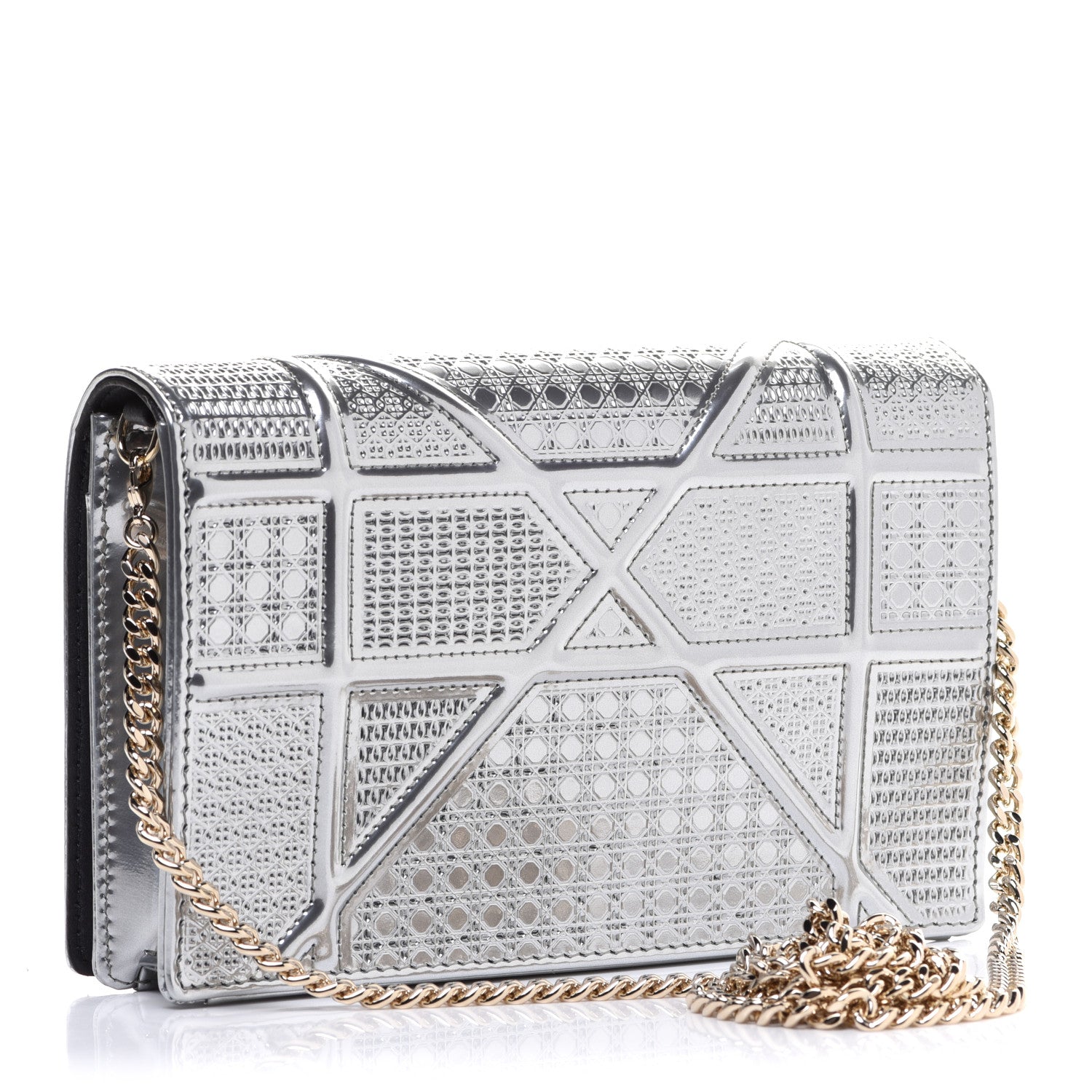 Christian Dior Metallic Patent Micro-Cannage Diorama Wallet on Chain Pouch Silver 3 of 10