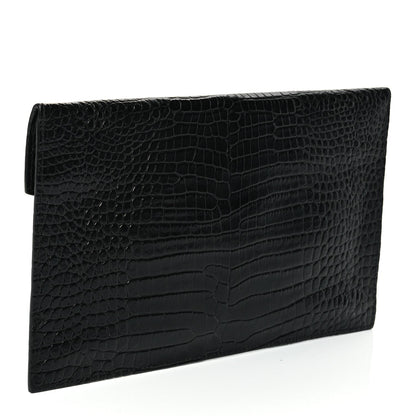 Saint Laurent Calfskin Crocodile Embossed Uptown Monogram Clutch Black 3 of 9