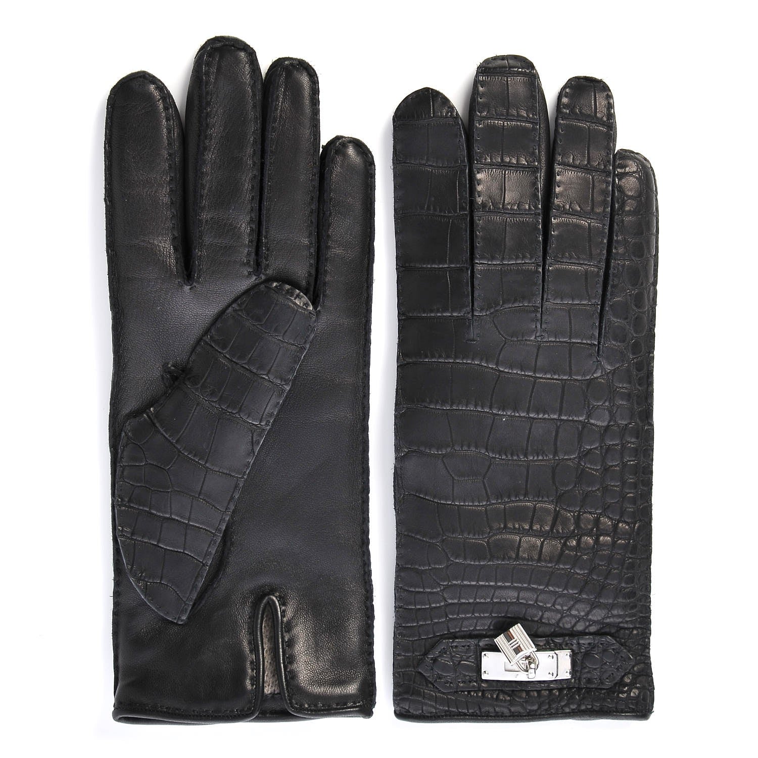 Hermes Matte Alligator Soya Kelly Lock Gloves 7 Black 1 of 4
