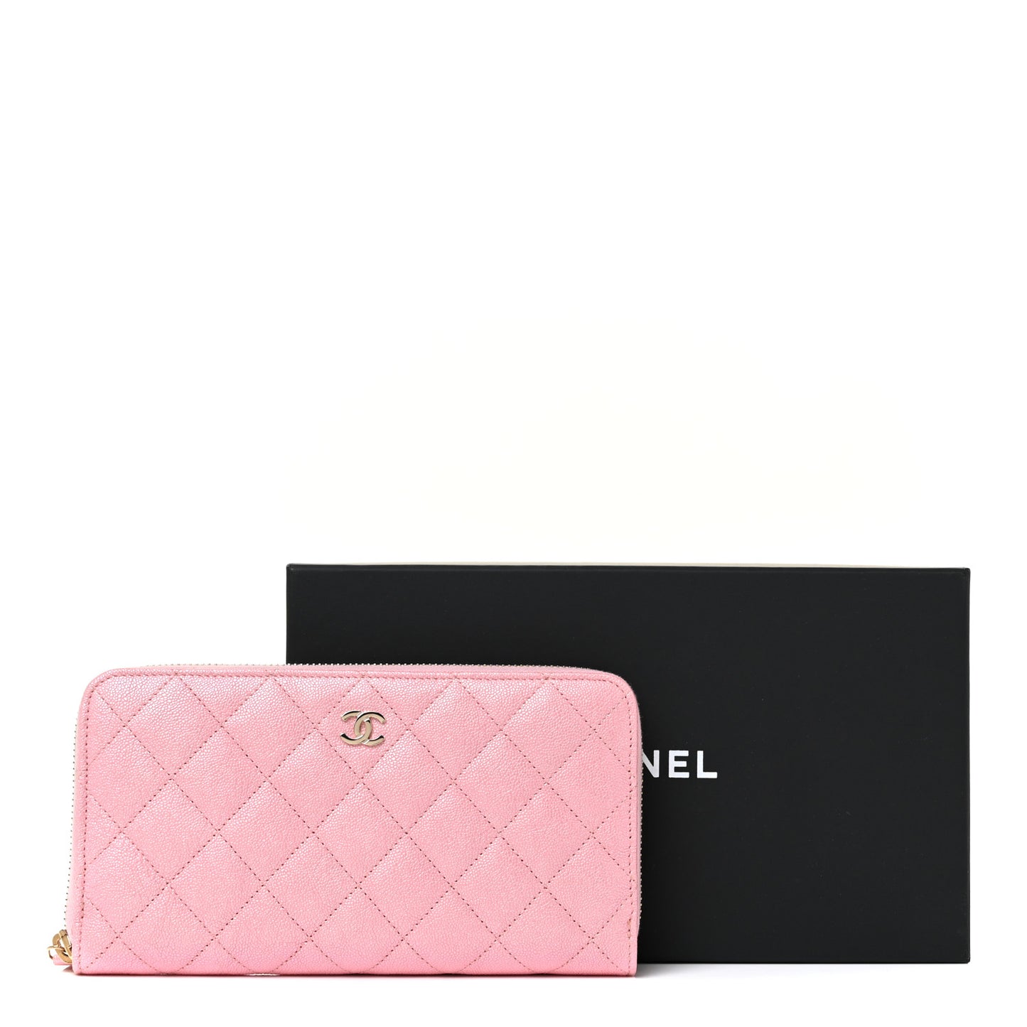 Iridescent Caviar Quilted Large Zip Around Wallet Pink