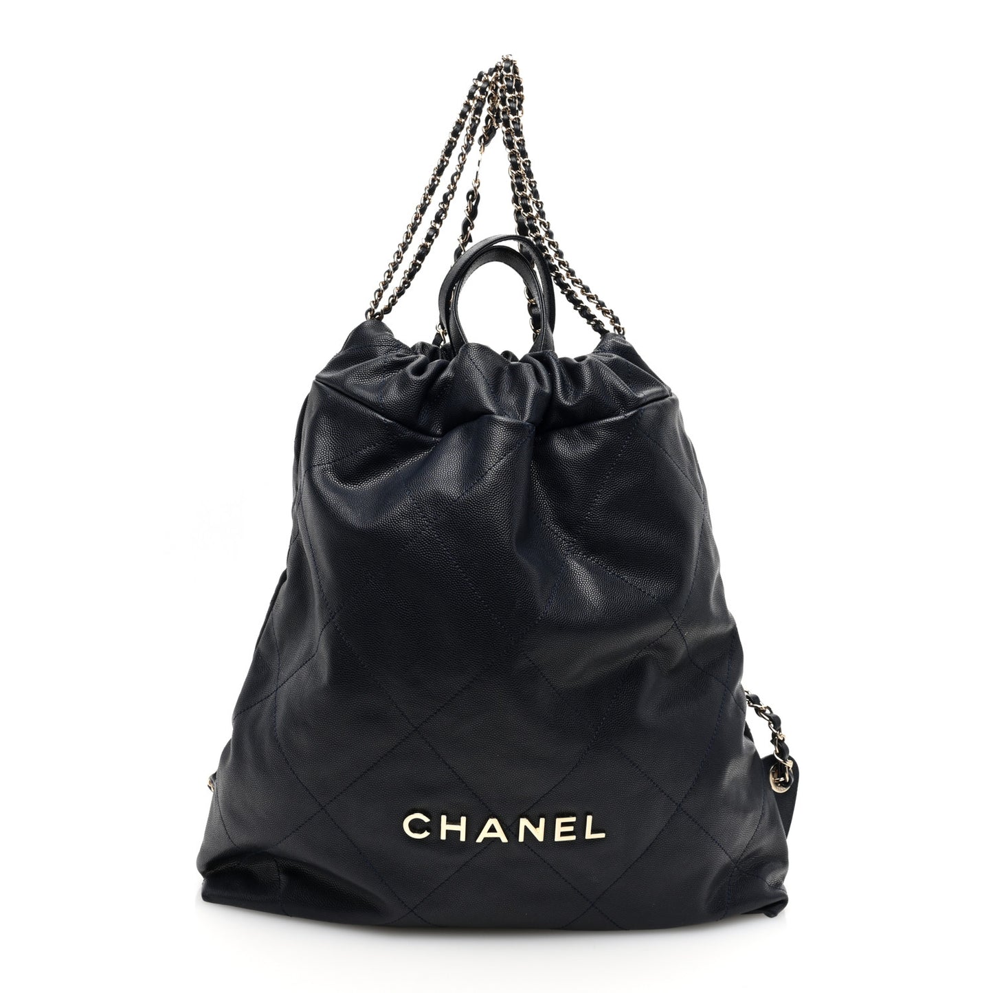 Shiny Caviar Quilted Chanel 22 Backpack Dark Blue