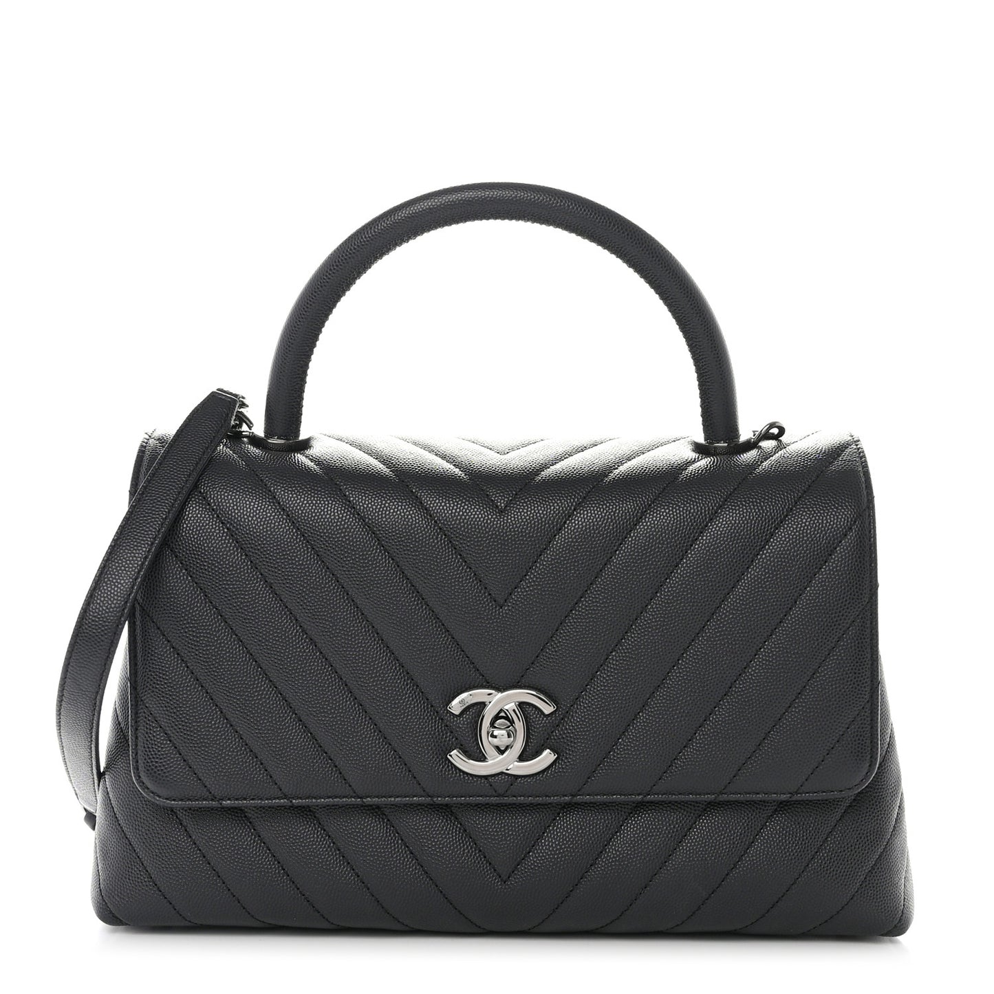 Caviar Chevron Quilted Small Coco Handle Flap Dark Grey