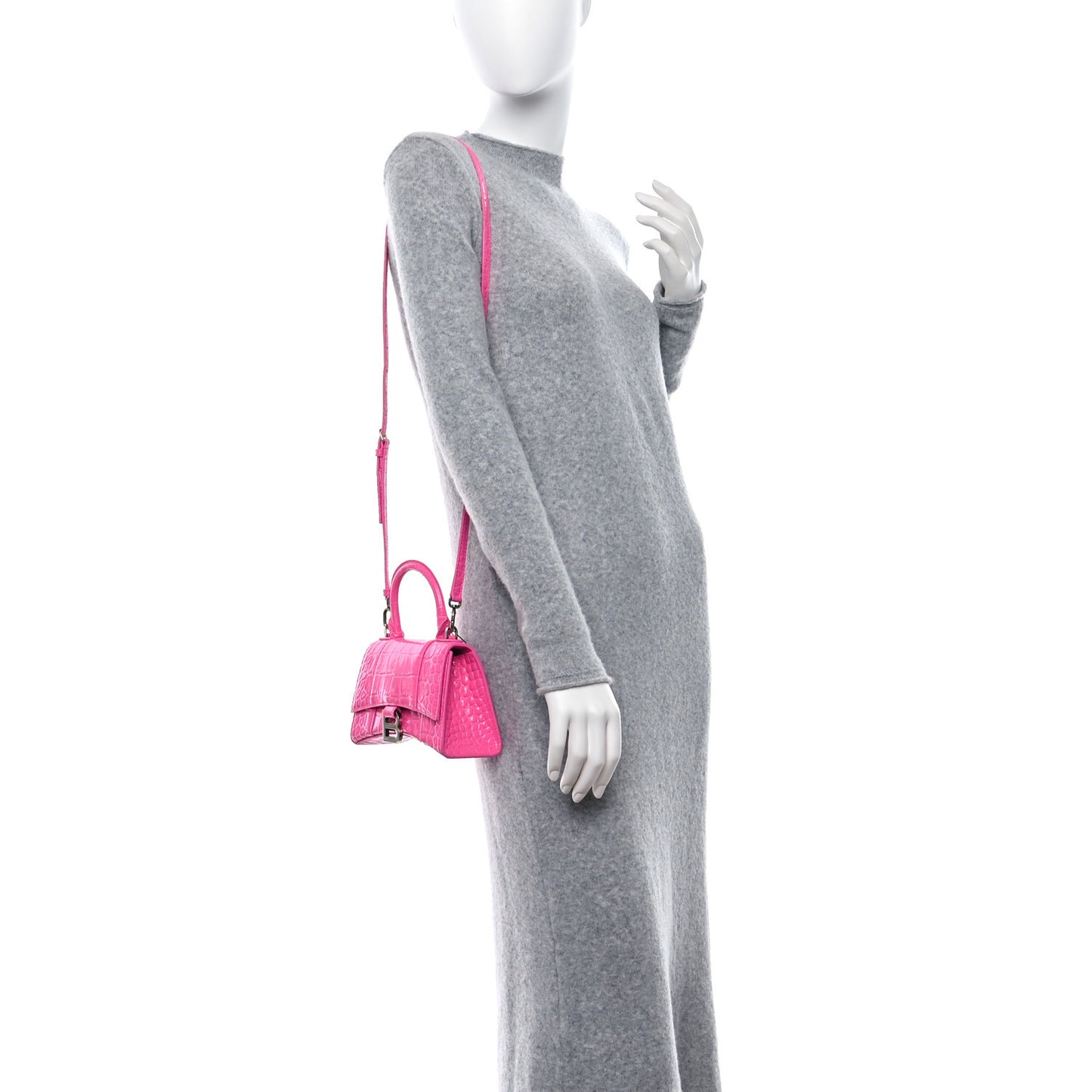 Shiny Calfskin Crocodile Embossed Hourglass Top Handle Bag XS Neon Pink