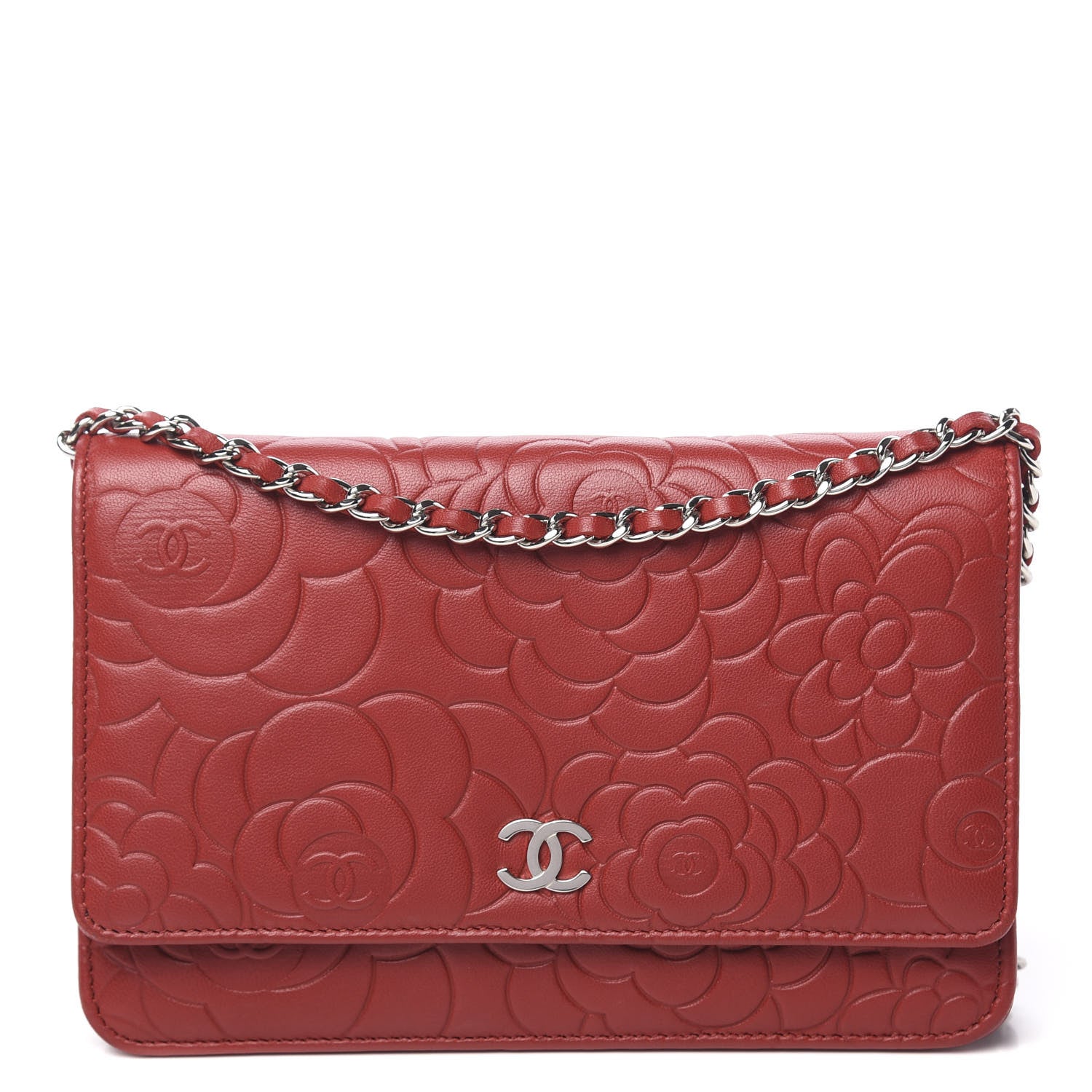 Chanel Lambskin Camellia Embossed Wallet On Chain WOC Red 1 of 11