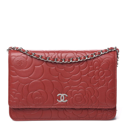 Chanel Lambskin Camellia Embossed Wallet On Chain WOC Red 1 of 11