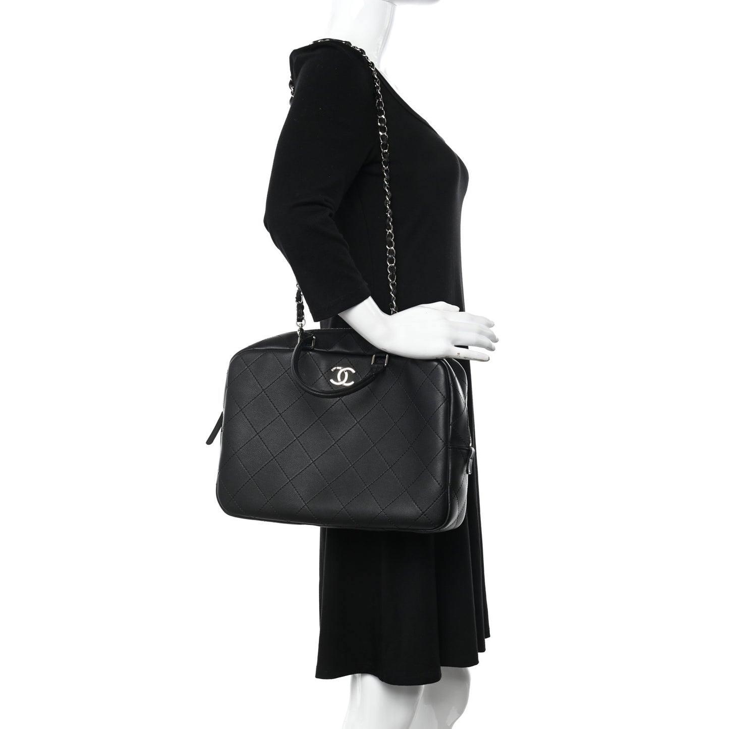 Calfskin Diamond Stitched Top Handle Bowling Bag Black