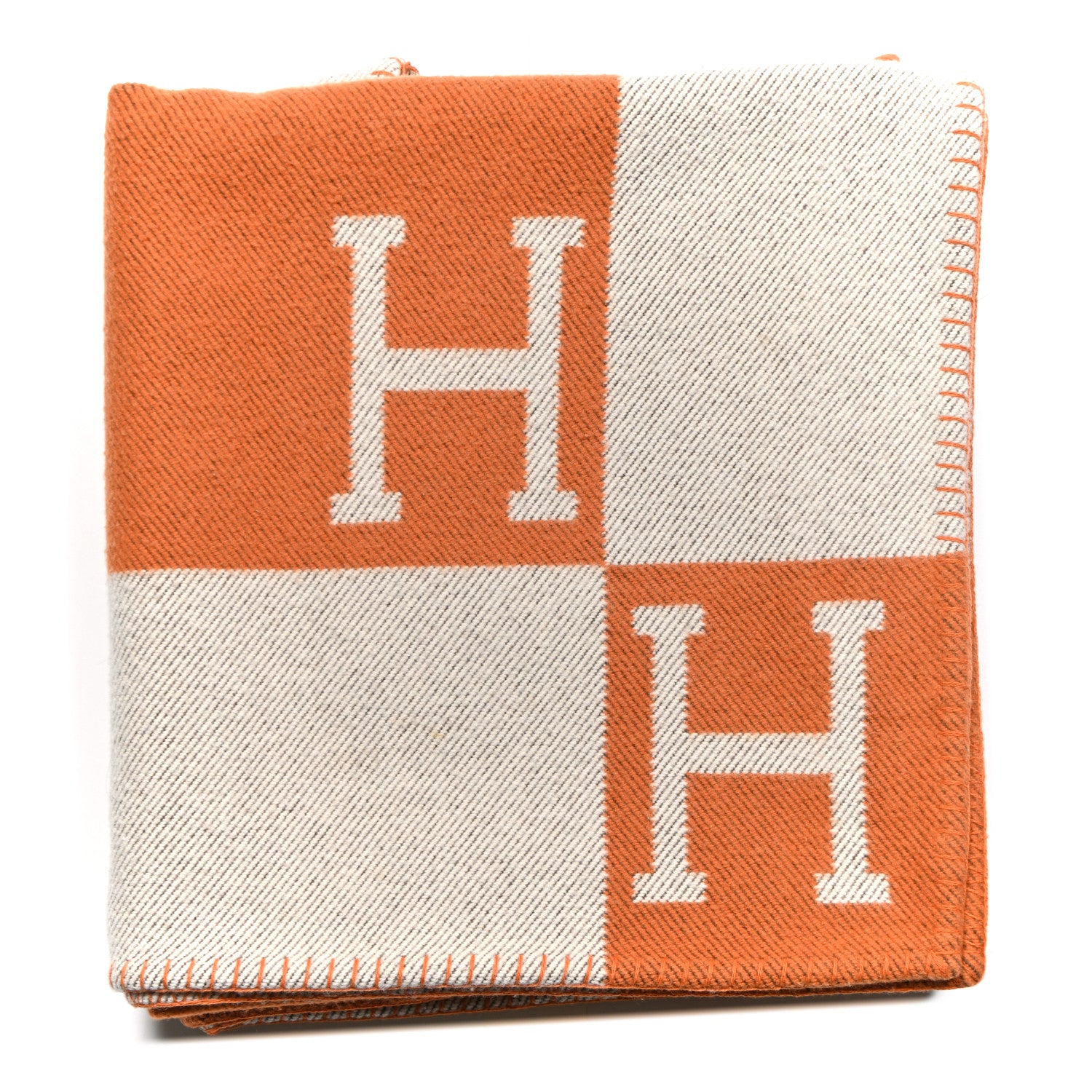 Hermes Wool Cashmere Signature Classic Avalon Blanket Ecru Potiron 1 of 3