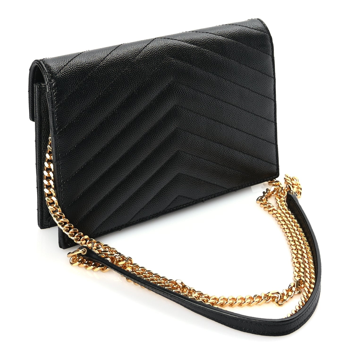 Saint Laurent Grain De Poudre Matelasse Chevron Monogram Envelope Chain Wallet Black 2 of 8