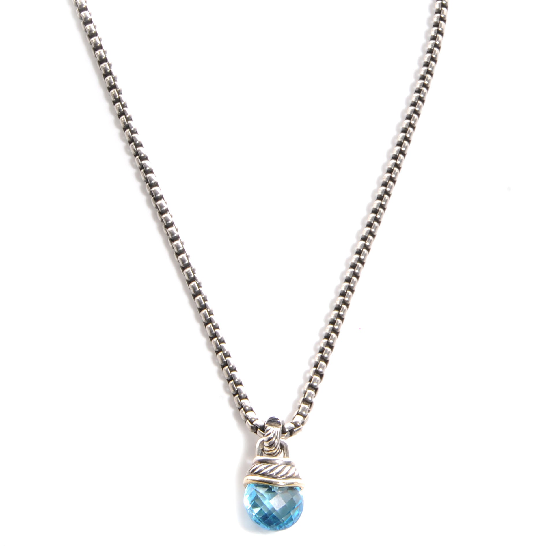 David Yurman Sterling Silver and 14k Gold Blue Topaz Acorn Pendant Necklace 1 of 7