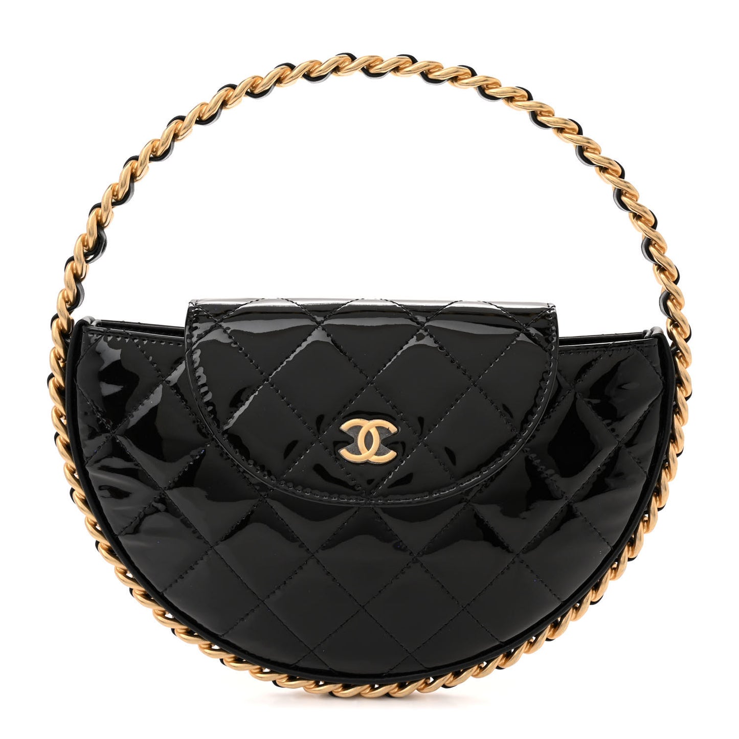 Patent Calfskin Quilted Chain Hoop Bag Black