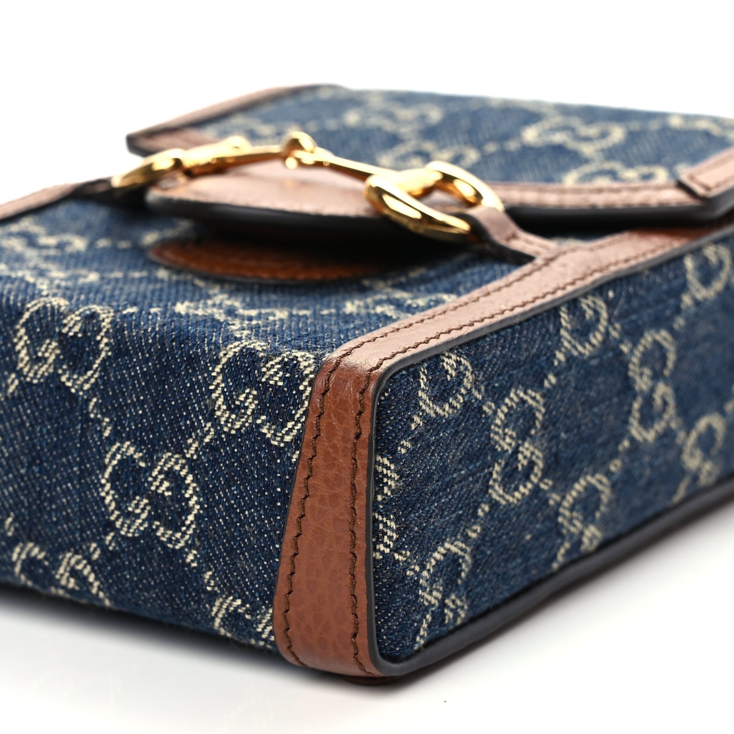 Gucci New Denim GG Monogram Dollar Calfskin Mini Horsebit 1955 Crossbody Bag Blue Tea Cuir Epilog 9 of 10