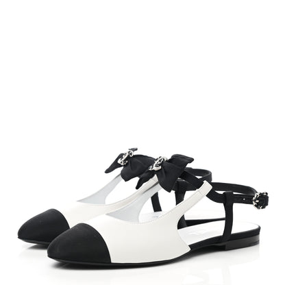 Chanel Lambskin Grosgrain Crystal Chain CC Logo Bow Slingback Flats 38 White Black 3 of 9