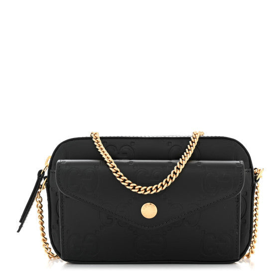 Calfskin GG Super Mini Debossed Chain Wallet Black