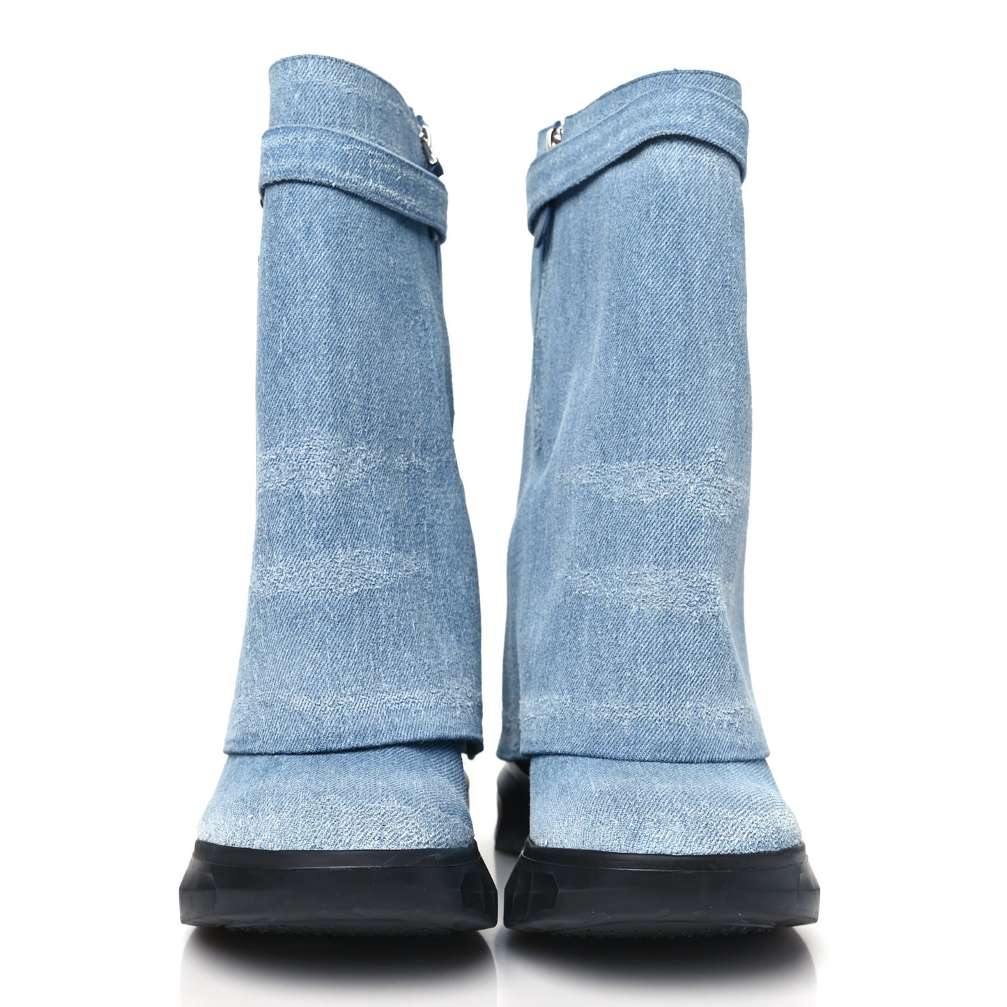 Washed Denim Shark Lock Biker Ankle Boots 40 Blue