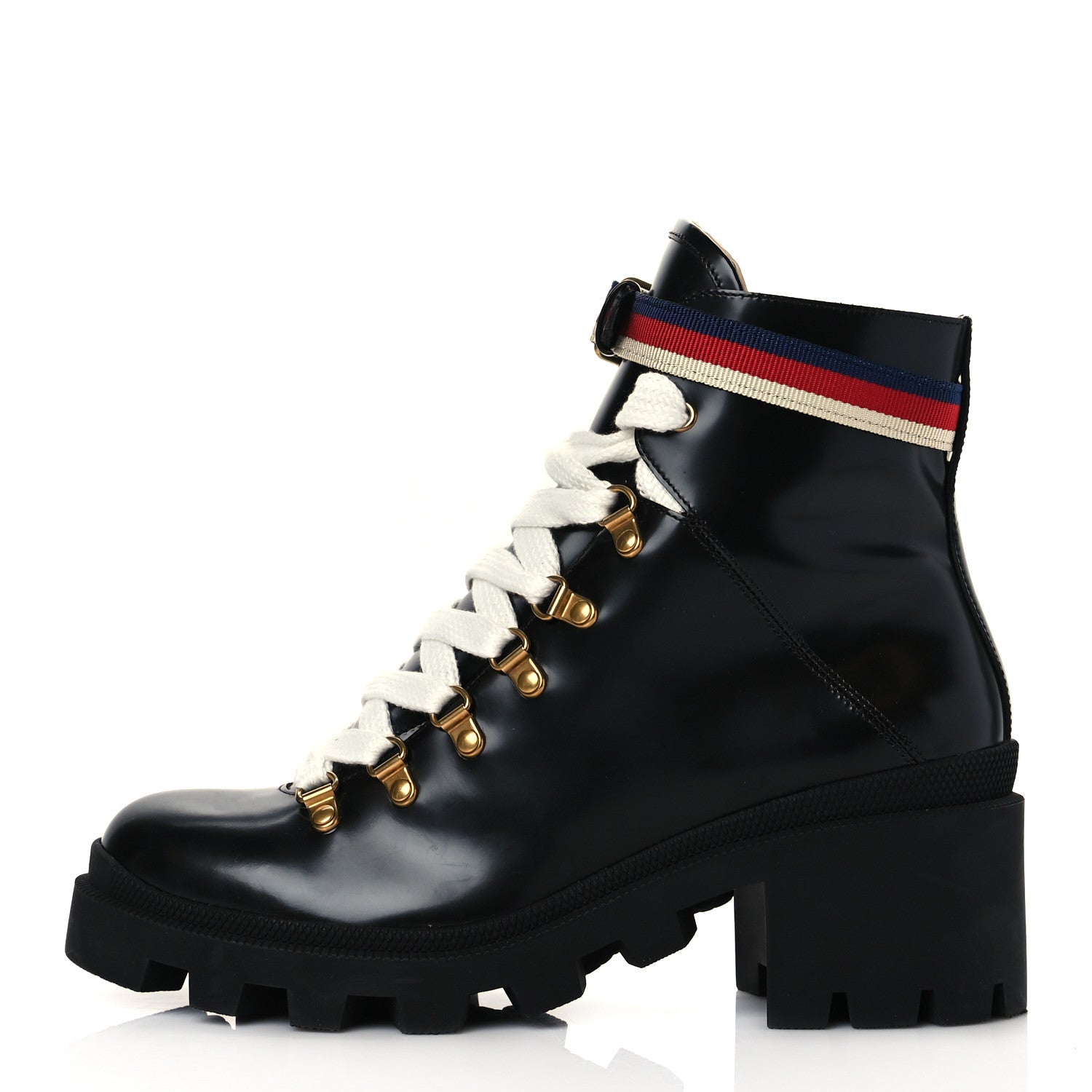 Gucci Calfskin Sylvie Web Lace Up Combat Boots 40 Black 1 of 9