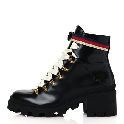 Gucci Calfskin Sylvie Web Lace Up Combat Boots 40 Black 1 of 9