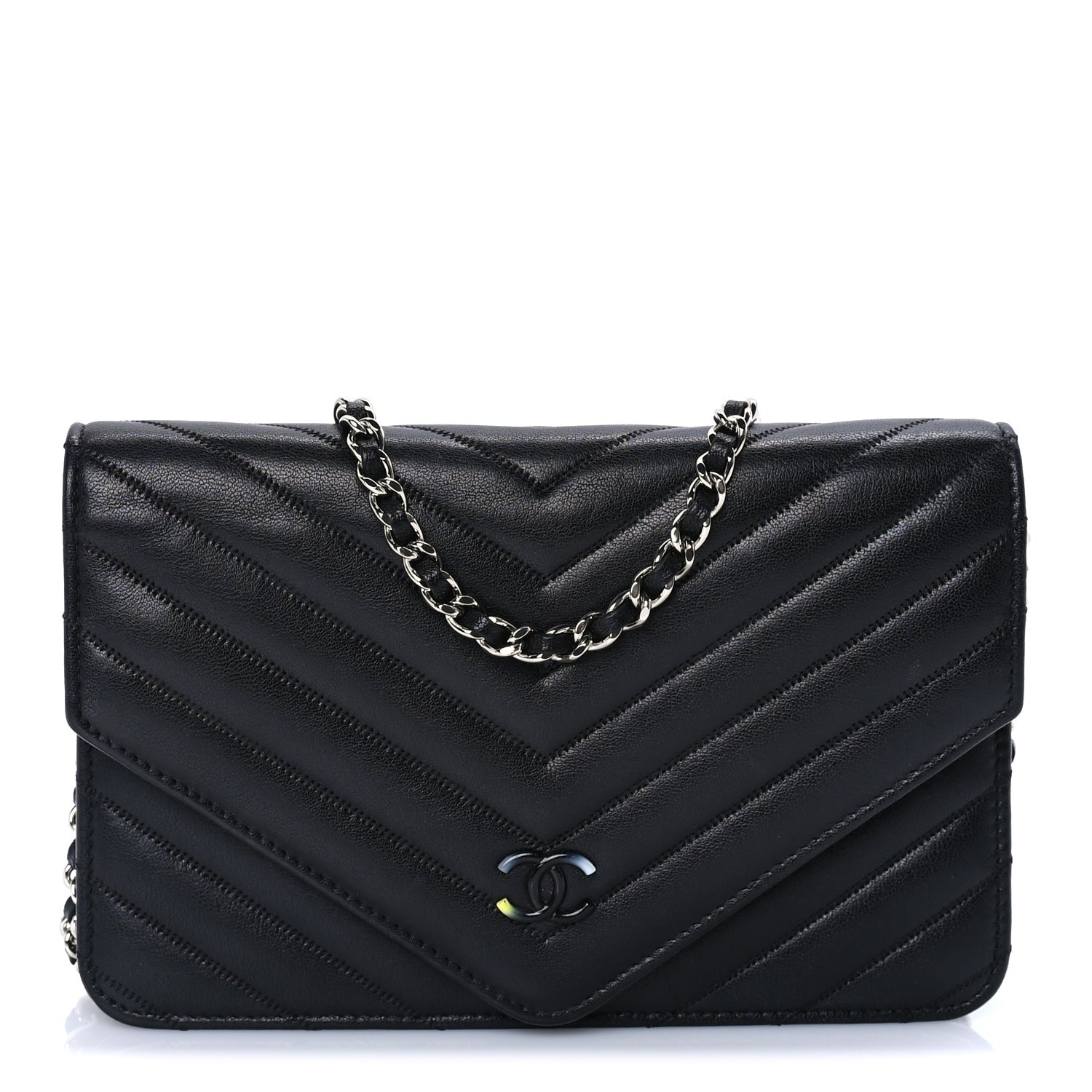 Chanel Sheepskin Chevron Wallet On Chain WOC Black 2 of 10